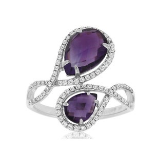 Estate Large 2.95ct Diamond & Aaa Amethyst 14kt White Gold Pear Shape Criss Cross Ring