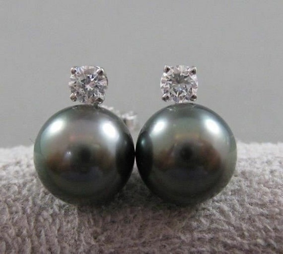 Estate .28Ct Diamond & Aaa Tahitian Pearl 14Kt Wh… - image 1