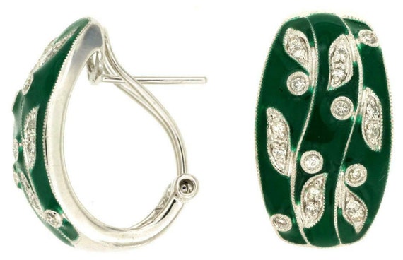 Wide .25Ct Diamond & Green Enamel 14Kt White Gold… - image 1