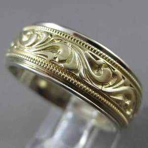 Antique 14K White & Yellow Gold Handcrafted Filigree Wedding Band Ring 8Mm 23209