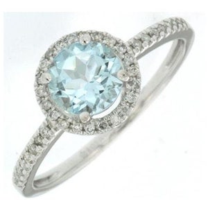 Estate .91ct Diamond & Aaa Aquamarine 14kt White Gold 3d Round Halo Engagement Ring