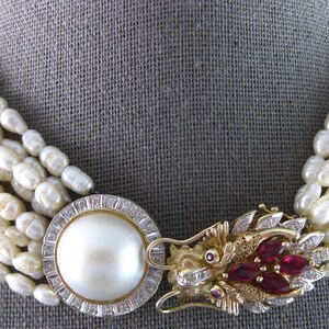 Estate Large & Long 2.75Ct Diamond Aaa Ruby And  Pearl 14K 2 Tone Gold 3D Necklace 27534