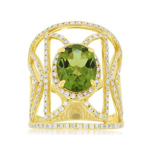 Estate Large 3.85ct Diamond & Aaa Peridot 14kt Yellow Gold 3d Open Filigree Flower Ring