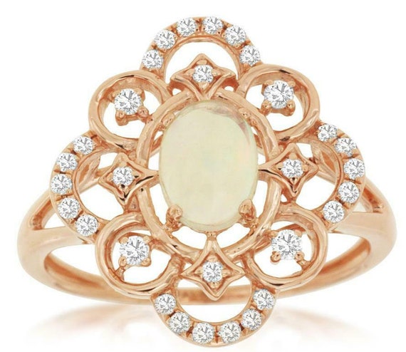 Estate .72Ct Diamond And Aaa Opal 14K Rose Gold 3… - image 1