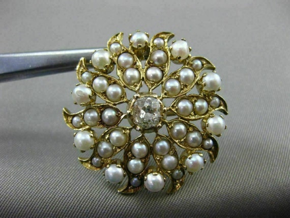 Antique Large .65Ct Diamond & Pearl 14Kt Yellow G… - image 5