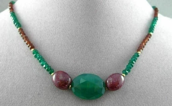 Antique Large Green Onyx and Garnet 14Kt Yellow G… - image 1