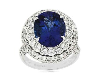 Estate Large 9.35Ct Diamond & Aaa Tanzanite 14Kt White Gold Halo Engagement Ring