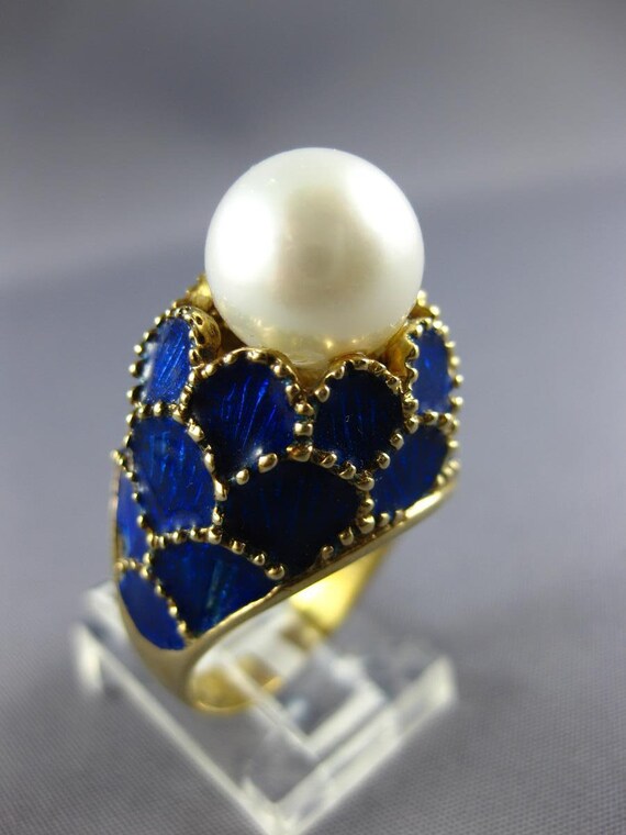 Antique Large Blue Enamel & Aaa South Sea Pearl 1… - image 4