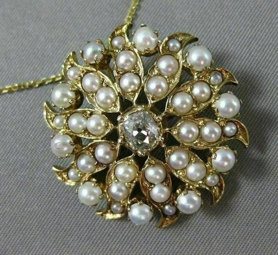 Antique Large .65Ct Diamond & Pearl 14Kt Yellow G… - image 1