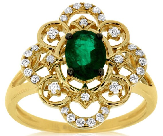 Estate .92Ct Diamond  AAA Emerald 14K Yellow Gold… - image 1