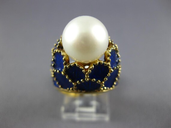 Antique Large Blue Enamel & Aaa South Sea Pearl 1… - image 2