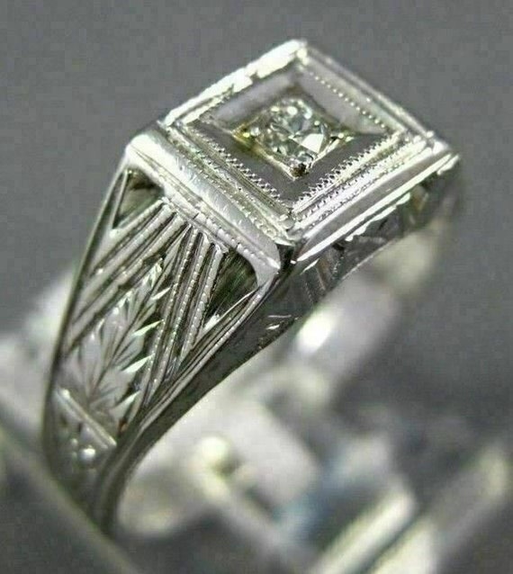 Antique .05Ct Old Mine Diamond 14Kt White Gold 3D… - image 1