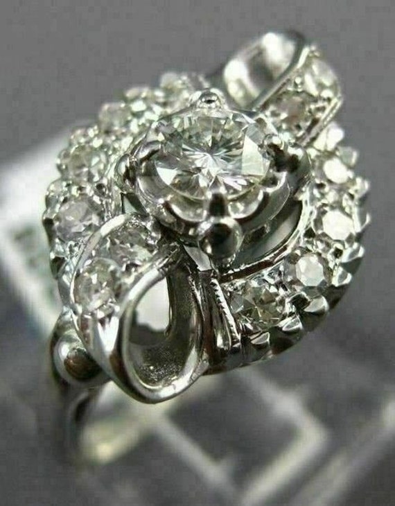 Antique Wide .60Ct Diamond 14Kt White Gold 3D Fil… - image 1