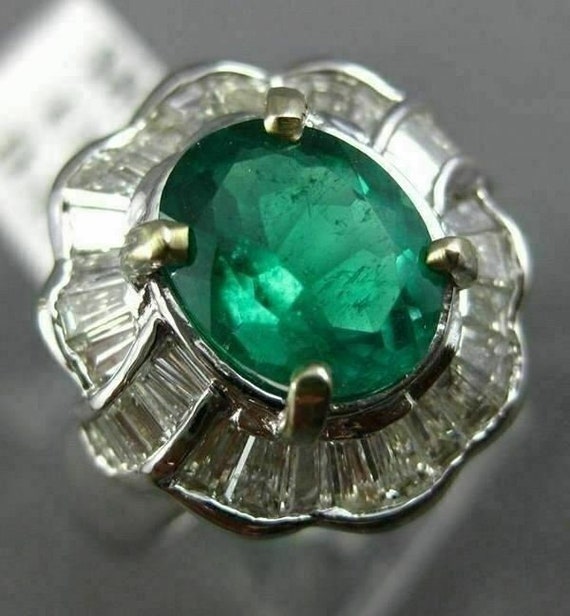 Wide 3.18Ct Diamond & Emerald 18Kt White Gold Ova… - image 1