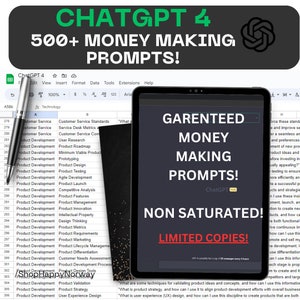 Op de afbeelding: Een tablet-computerscherm met een lijst met productontwikkelingsprompts, met de tekst "Garenteed Money Making Prompts!" in grote, vetgedrukte, witte letters op een zwarte achtergrond. De tekst "ChatGPT Plus" is ook zichtbaar in de rechterbenedenhoek van het scherm. De tablet ligt op een zwart-witte spreadsheet met de tekst "ChatGPT 4" in groene letters bovenaan het scherm.