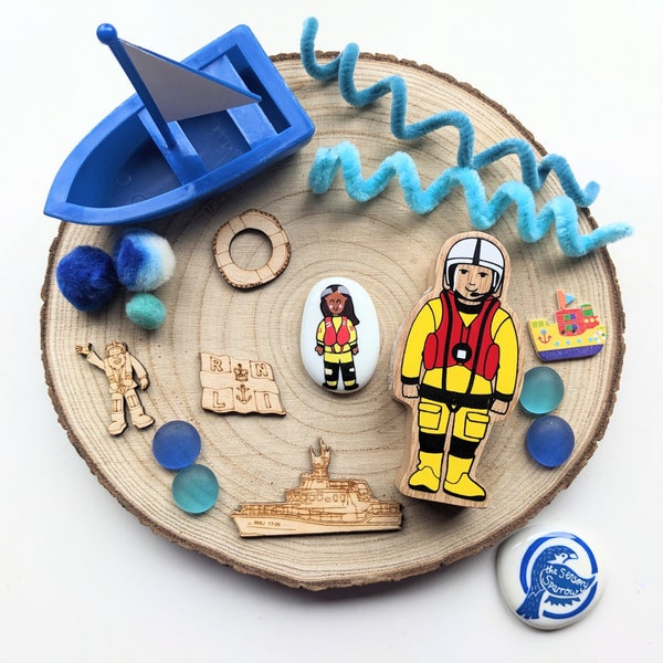 RNLI sensory kit, loose parts gift for kids, lifeboats, people who help us, sensory bin tinker tray, tuff tray.