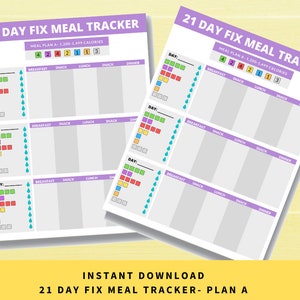 Puede incluir: Planificador de comidas imprimible de 21 días con un diseño morado y gris. El planificador incluye un plan de comidas para 1.200-1.499 calorías por día. El planificador tiene una sección para cada día de la semana, con columnas para el desayuno, la merienda, el almuerzo, la merienda y la cena. También hay cuadrados codificados por colores para realizar un seguimiento de las opciones de alimentos.