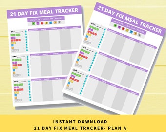May include: Printable 21 Day Fix meal tracker with a purple and grey design. The tracker includes a meal plan for 1,200-1,499 calories per day. The tracker has a section for each day of the week, with columns for breakfast, snack, lunch, snack, and dinner. There are also colour-coded squares for tracking food choices.