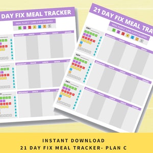 Puede incluir: Planificador de comidas imprimible de 21 días de Fix en morado y gris con un sistema de seguimiento de alimentos codificado por colores. El planificador está diseñado para el plan de comidas C, que es de 1.800 a 2.099 calorías.