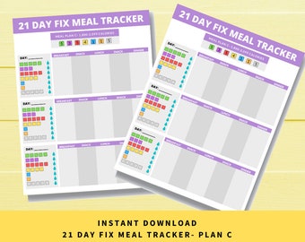 May include: Printable 21 Day Fix Meal Tracker in purple and grey with a colour-coded food tracking system. The tracker is designed for Meal Plan C, which is 1,800-2,099 calories.
