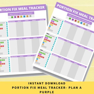 May include: Two white sheets of paper with a purple header that reads "PORTION FIX MEAL TRACKER". The meal plan is for 1,200-1,499 calories. The text "INSTANT DOWNLOAD PORTION FIX MEAL TRACKER- PLAN A PURPLE" is at the bottom.