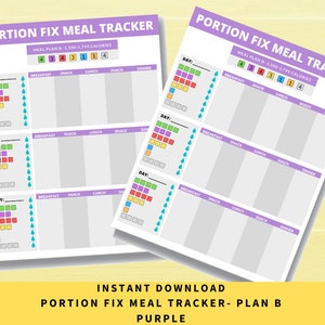 May include: Printable meal tracker with a purple background. The tracker is designed for the Portion Fix meal plan, with a calorie range of 1,500-1,799. The tracker includes a section for each day of the week, with columns for breakfast, snack, lunch, snack, and dinner. Each column has a grid of squares for tracking the number of food portions.