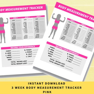 May include: Two pink and white body measurement tracker sheets. Each sheet has a pink header that reads "BODY MEASUREMENT TRACKER". The sheets include sections to record measurements for chest, arms, waist, hips, thighs, and calves.
