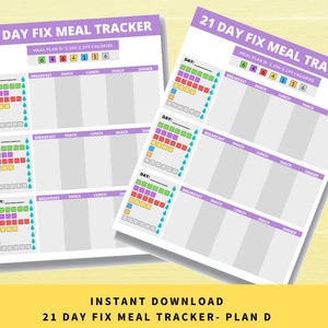 May include: A printable 21 Day Fix meal tracker with a purple and gray background. The tracker includes a meal plan for 2,100-2,299 calories and a grid for tracking meals and snacks for each day. The text "21 Day Fix Meal Tracker" is printed in a purple font at the top of the page.