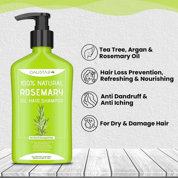 Rosemary Oil Hair Shampoo - 100% Natural Hair Care- Control Dandruff, Hair Loss - For Frizzy, Dry, Damaged, Thin, Fine Hairs - 380ml