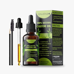Puede incluir: Botella de aceite de ricino natural OAUSTAR 100% con un cuentagotas y aplicadores. El producto es para pestañas, cejas, piel y cabello. La etiqueta incluye ingredientes e instrucciones. La botella contiene 30 ml.