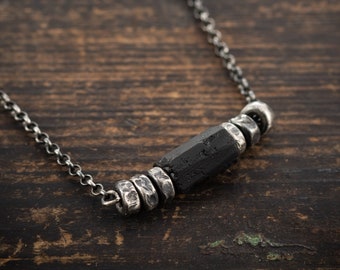 Black Tourmaline silver necklace, Protection amulet,  Raw gemstone necklace, Beaded necklace for women, unique gifts, Modern Oxidized