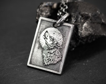 Silver Engravable Handmade Wolf Necklace Pendant, Forest Animal Personalized Animal Jewelry, Rustic Durable Necklace
