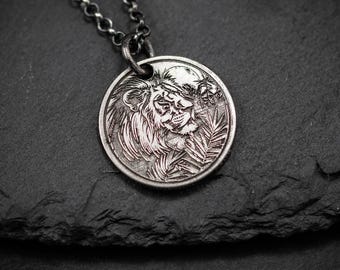 Sterling Silver Oxidized Lion Pendant Necklace, Rustic Leo Pendant Necklace, Mens Animal Leo Amulet