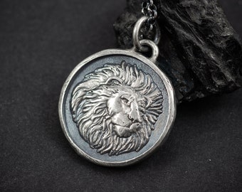 Lion Silver mens pendant necklace, Leo zodiac necklace, oxidized Astrology jewelry, Protection Strength amulet ,mens sterling silver gift