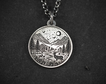 Nature landscape mountain silver Necklace, Nature Outdoor adventure handmade jewelry, mens necklace, Personalized engraved Travel gift