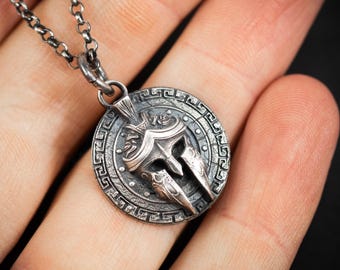 Silver Spartan Warrior Detailed Helmet Pendant, Mens Greek Inspired Men's Necklace, Masculine Bold Jewelry