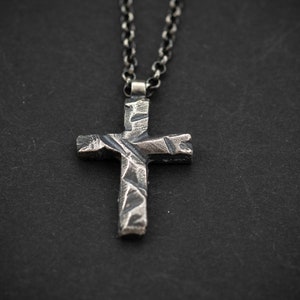 Sterling silver cross necklace for men, religious pendant, rustic simple cross