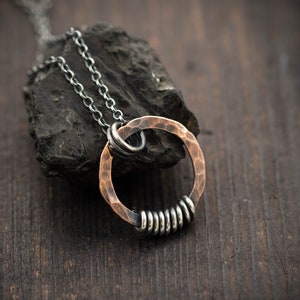 Circle Protection amullet, Copper and  Silver Minimalist Boho mens necklace, Handmade Hippie jewelry, Unique Gift for women, Boyfriend gift