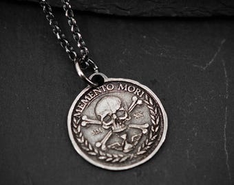 Sterling Silver Personalized Skull Necklace, Handmade Memento Mori Men Necklace, Gothic Necklace