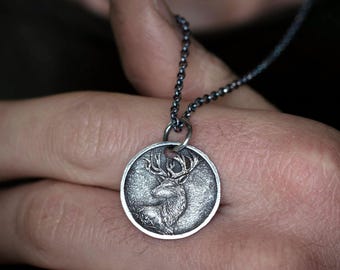 Custom Silver Meaningful Deer Necklace, Mens Wildlife Outdoor Men's Jewelry, Adventure Deer Pendant