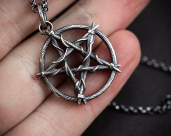 Silver Handmade Pentagram Necklace, Witchy Occult Pentagram Jewelry, Wiccan Gothic Pentacle Pendant