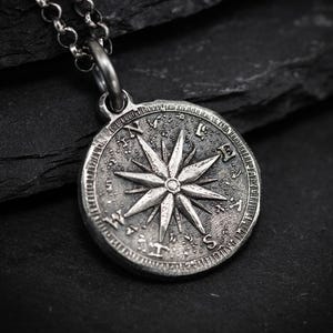 Silver Compass Pendant Necklace for Men, Nautical Adventure Jewelry, Rustic Travel pendant, Unique Gift for Hikers and Explorers
