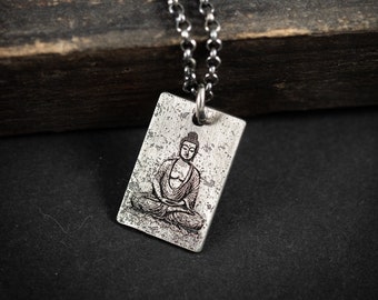 Buddha Meditation Silber Anhänger Halskette, Buddhistischer Yoga handgemachter spiritueller Schmuck, Mindfulnes Geschenk für ihn, Herrenhalskette, Angst Relief