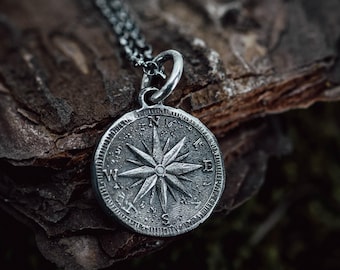 Oxidized Sterling Silver Compass necklace for Men, Rustic Travel Pendant, Nautical Adventure Gift