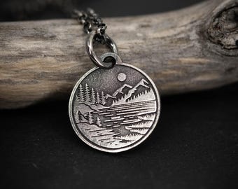 Mountain Landscape Sterling Silver Necklace, Minimalist Outdoor Landscape Jewelry, Hiker Travel Sterling Silver Pendant