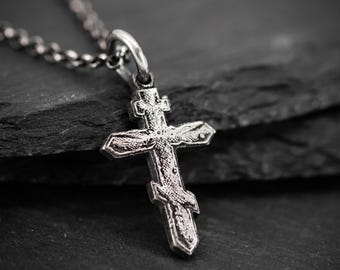 Handmade Orthodox Cross Necklace, Oxidized Rustic Men's Jewelry, Religious Christian Cross Pendant