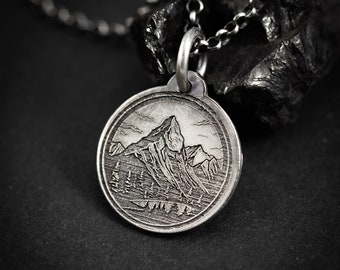 Mountain Nature silver Necklace, Nature inspired Outdoor adventure handmade jewelry, mens necklace, Personalized engraved Travel gift