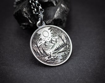 Nature landscape mountain silver Necklace, Deer Nature Outdoor adventure handmade jewelry, mens necklace, Personalized engraved Travel gift