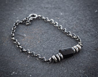 Black Tourmaline Silver bracelet, gemstone Protection bracelet, beaded bracelet for men or women, oxidized chain silver bracelet
