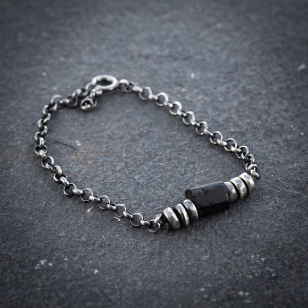 Black Tourmaline Silver bracelet, gemstone Protection bracelet, beaded bracelet for men or women, oxidized chain silver bracelet